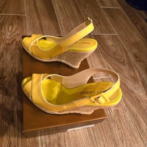 Audrey Brooke, Yellow Patent Leather Wedge Sandals, size 6.5